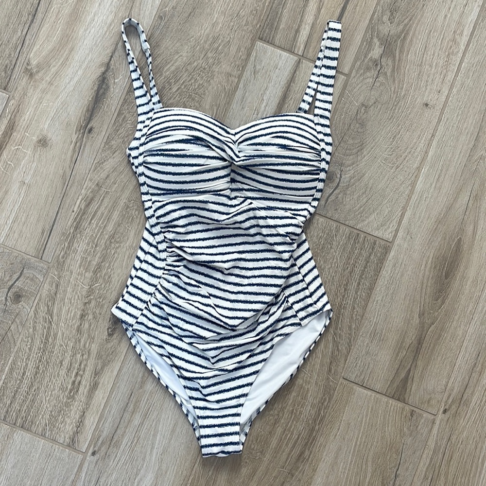 Women’s swimsuit, white with navy stripes, size 6.